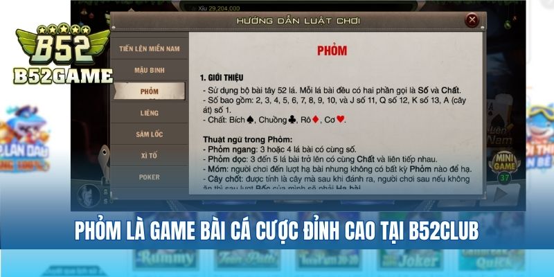 Phỏm là game bài cá cược đỉnh cao tại B52club